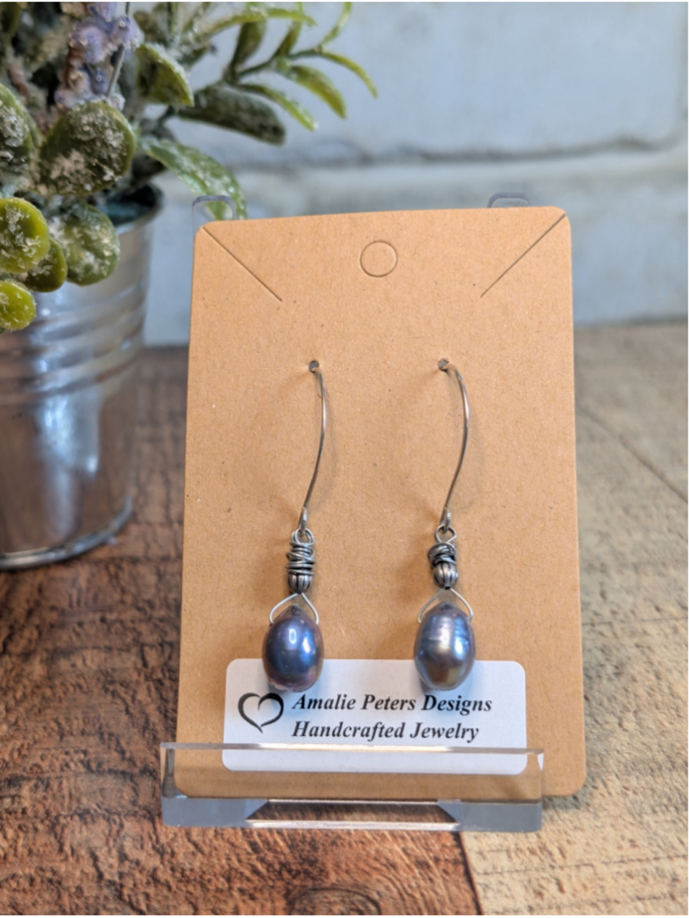 Handcrafted Boho Peacock Edison Pearls Silver Wrapped Wire Dangle Drop Earrings
